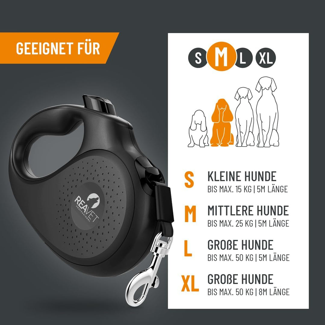ReaVET Rollleine Hundeleine ausziehbar 5m für mittelgrosse Hunde (M) I Ergonomischer & Rutschfester