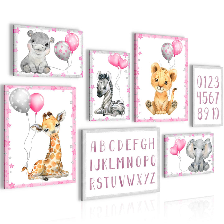 Novart Wandbilder Tiere - KOMPLETT AUFHÄNGFERTIG - Afrika Rosa Kinderzimmer Mädchen- 7 Moderne Mood-