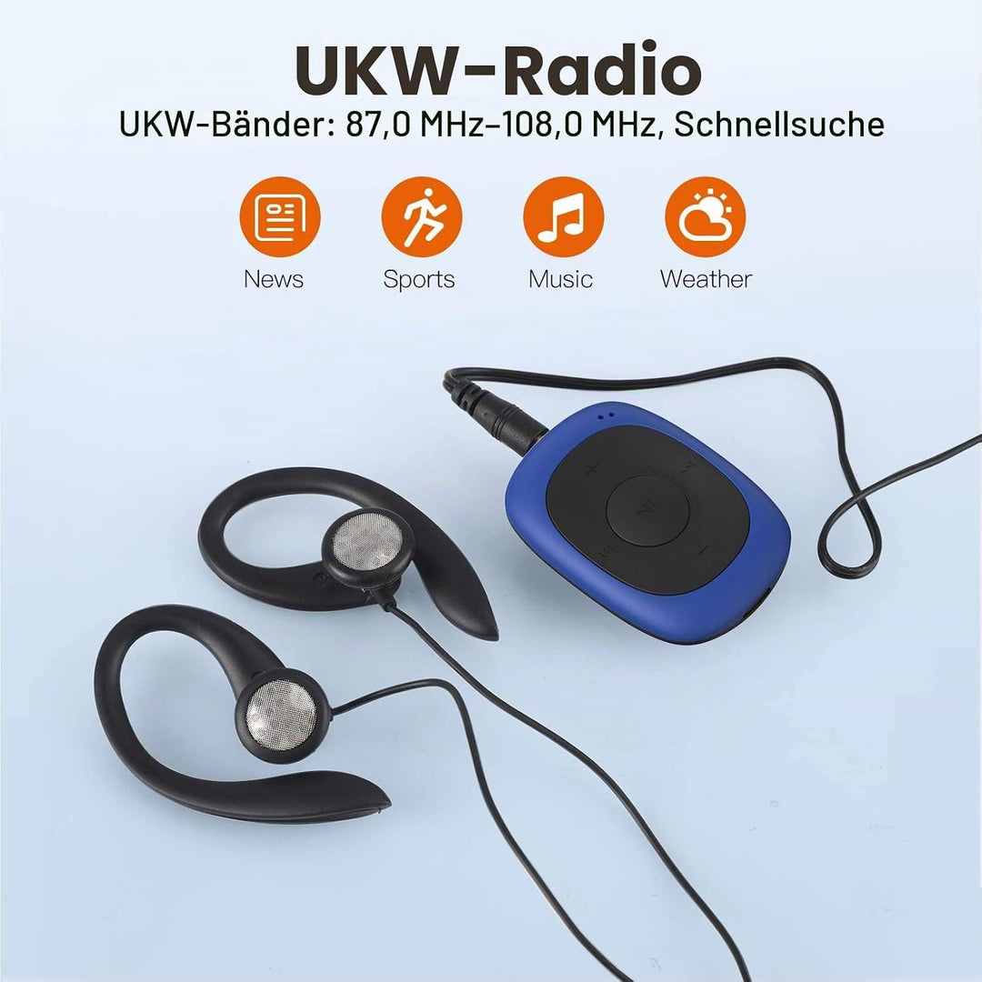 AGPTEK Mini Clip 64GB MP3 Player mit Bügel-Kopfhörer und Silikon Hülle, Leichter Sport Musik Player