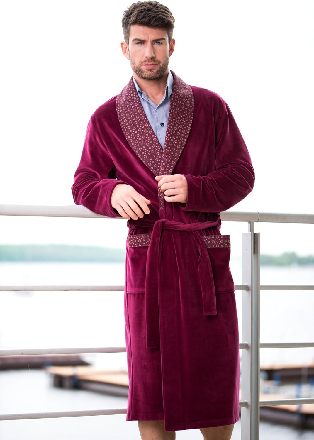 Revise Joel RE-101 Herren Bademantel aus Velours - lang und elegant 3XL Burgund Rot, 3XL Burgund Rot