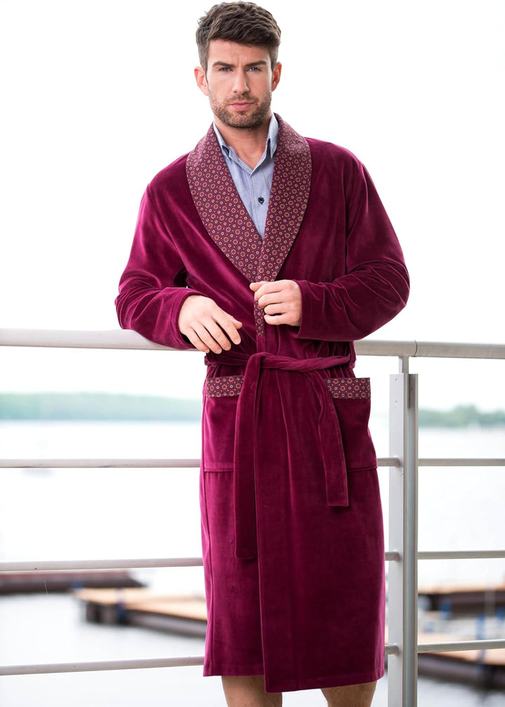 Revise Joel RE-101 Herren Bademantel aus Velours - lang und elegant 3XL Burgund Rot, 3XL Burgund Rot