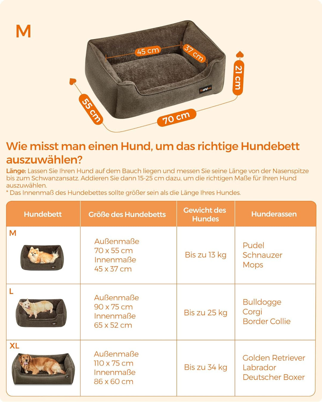 Feandrea Hundebett, Hundekissen in Leinenoptik, Hundekorb, erhöhte Ränder, rutschfeste Unterseite, B