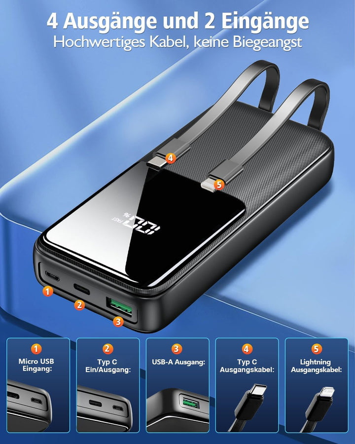 Power Bank 26800mAh, Tragbares Ladegerät mit 3 Anschlüssen & 2 integrierten Kabeln, USB C Schnelllad