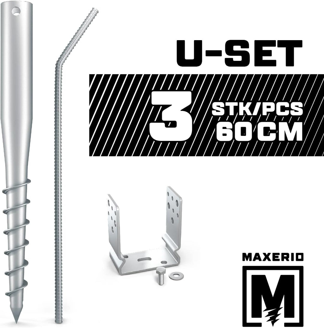 Maxerio 60 cm U-Set 3er Schraubfundamente inkl. 121 mm Pfostenträger; Ø 60 x 2; M12 12cm 3er U-Set,