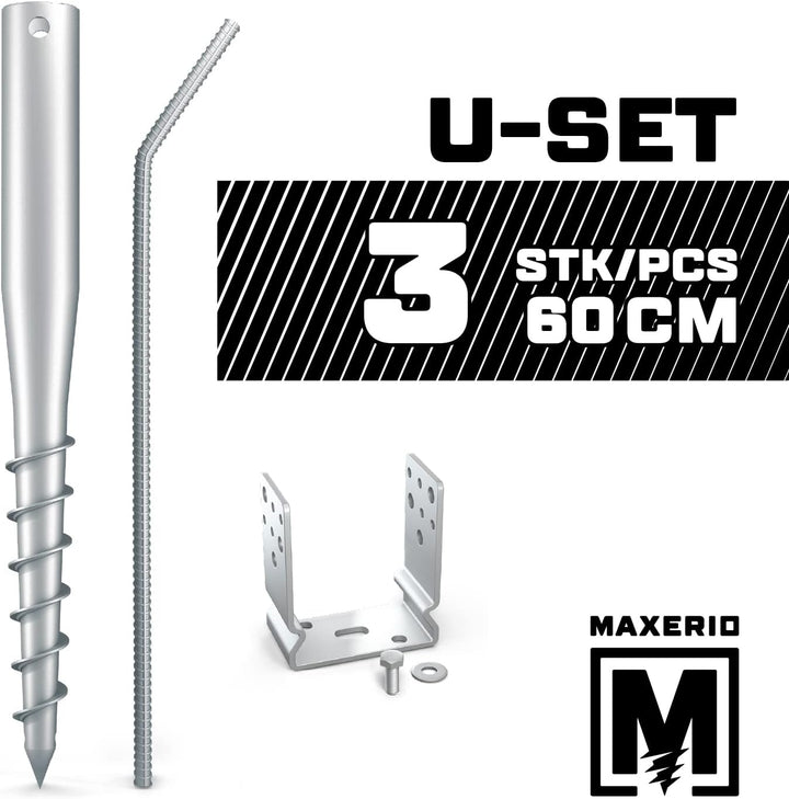 Maxerio 60 cm U-Set 3er Schraubfundamente inkl. 121 mm Pfostenträger; Ø 60 x 2; M12 12cm 3er U-Set,