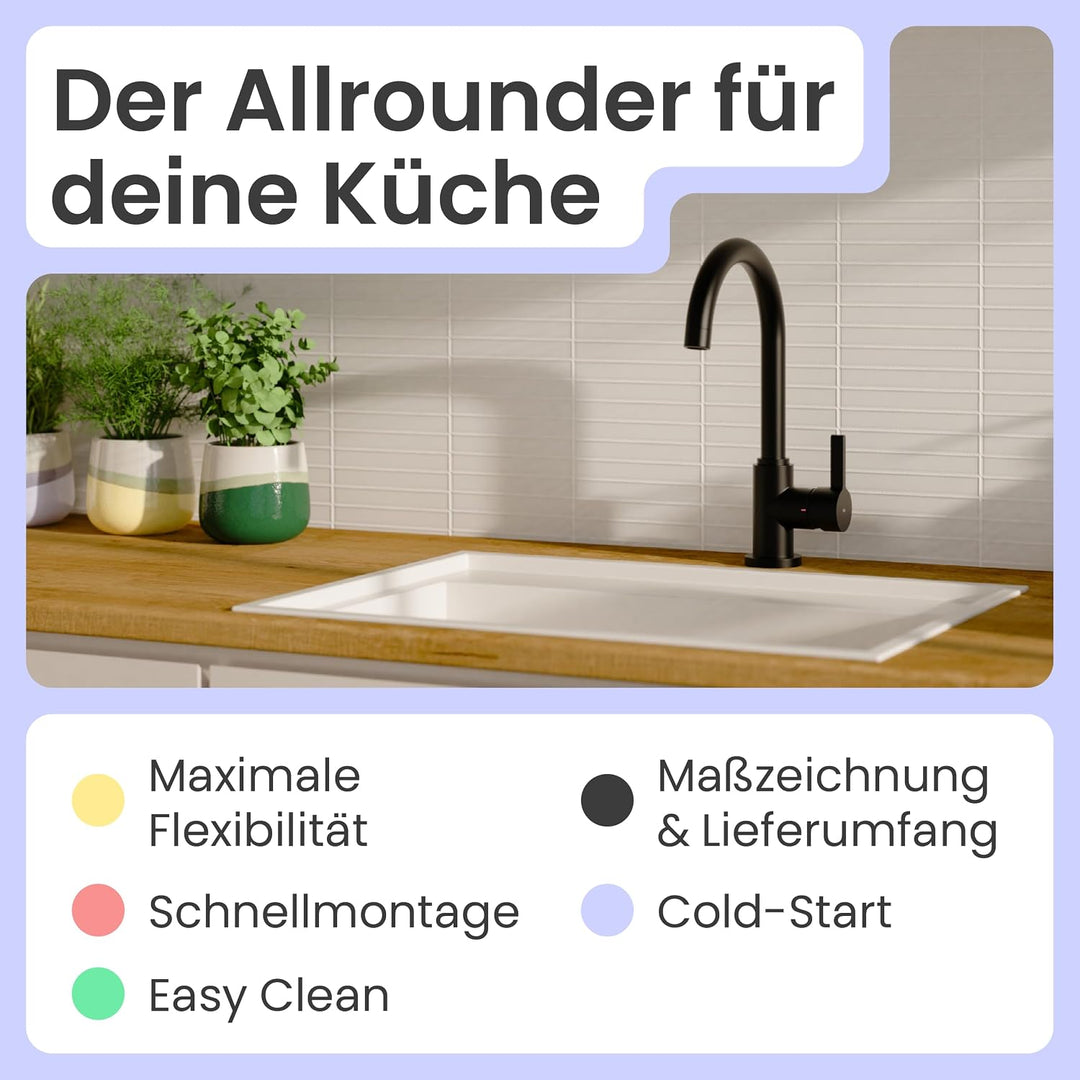 instmaier K3 Küchenarmatur | Wasserhahn Küche Schwarz matt | Spültischarmatur mit hohem Auslauf | Ar