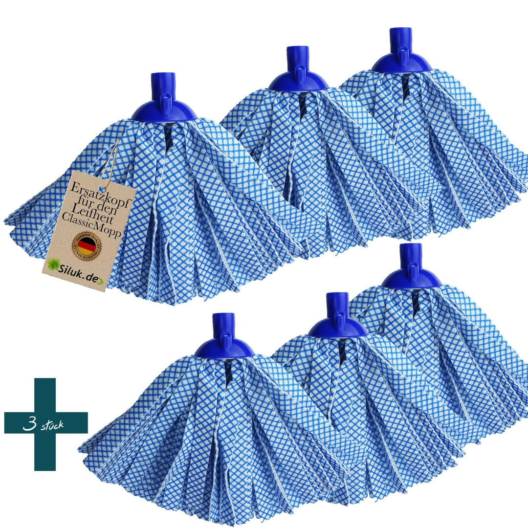 6X Ersatzkopf für Leifheit Classic Mop – Viskose-Polyester Streifen blau kariert, saugstark & streif