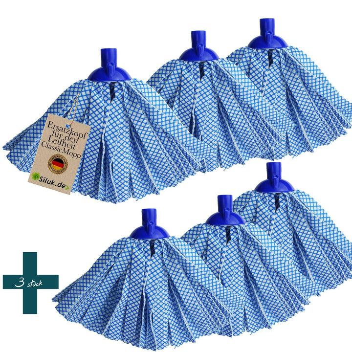 6X Ersatzkopf für Leifheit Classic Mop – Viskose-Polyester Streifen blau kariert, saugstark & streif