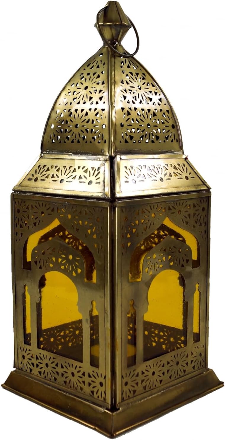 GURU SHOP Orientalische Metall/Glas Laterne in Marrokanischem Design, Windlicht, Gelb, Farbe: Gelb,