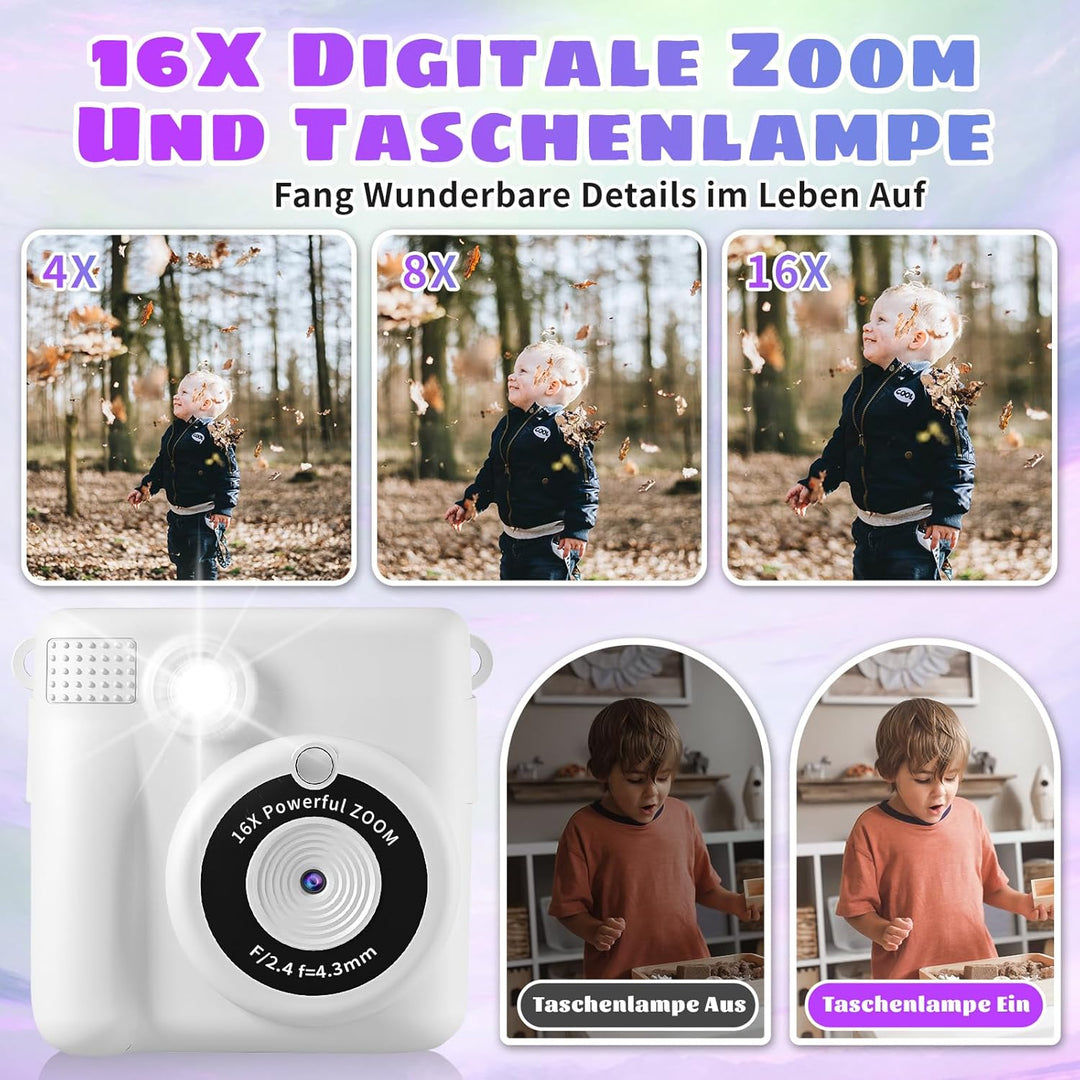 Kinderkamera Sofortbildkamera, 2.4'' Bildschirm 24MP-1080P Sofortbildkamera Kinder mit 16x Digitalzo