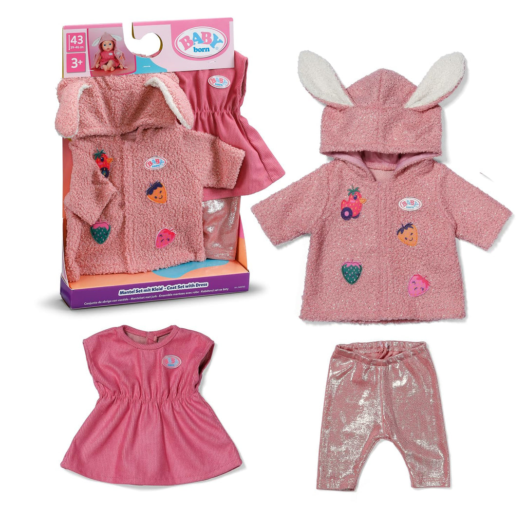 Baby Born Mantel Set mit Kleid, Leggings und Kapuze mit Ohren für 43cm Puppen