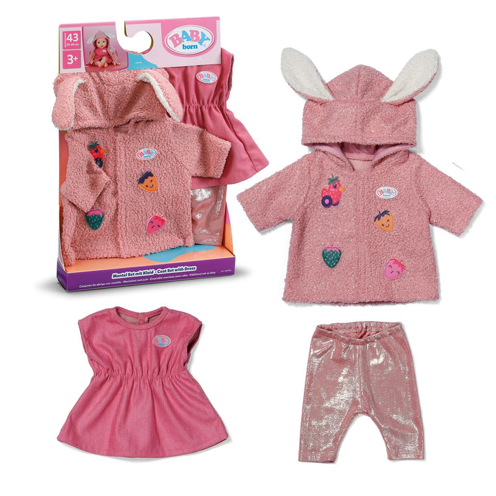 Baby Born Mantel Set mit Kleid, Leggings und Kapuze mit Ohren für 43cm Puppen