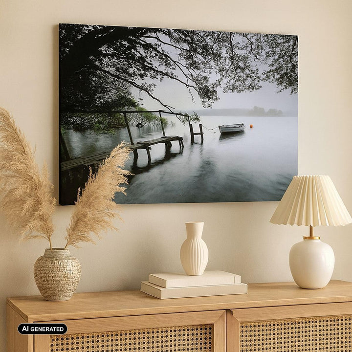 Bilder auf Leinwand 100x70cm Leinwandbild mit Rahmen See Dock Boot Bäume Gross Wanddeko Bild Schlafz
