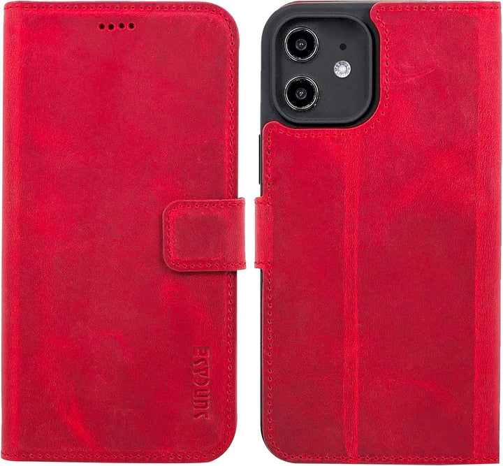 Suncase Book-Style Hülle kompatibel mit iPhone 12 (6.1") Leder Tasche (Slim-Fit) Lederhülle Handytas