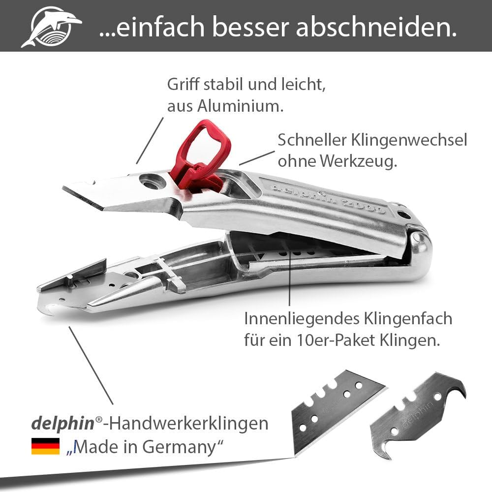 Delphin®-2000 Teppichmesser, Klassik Edition, Feststehende Klinge, Profi Cuttermesser, Alu, Klingen