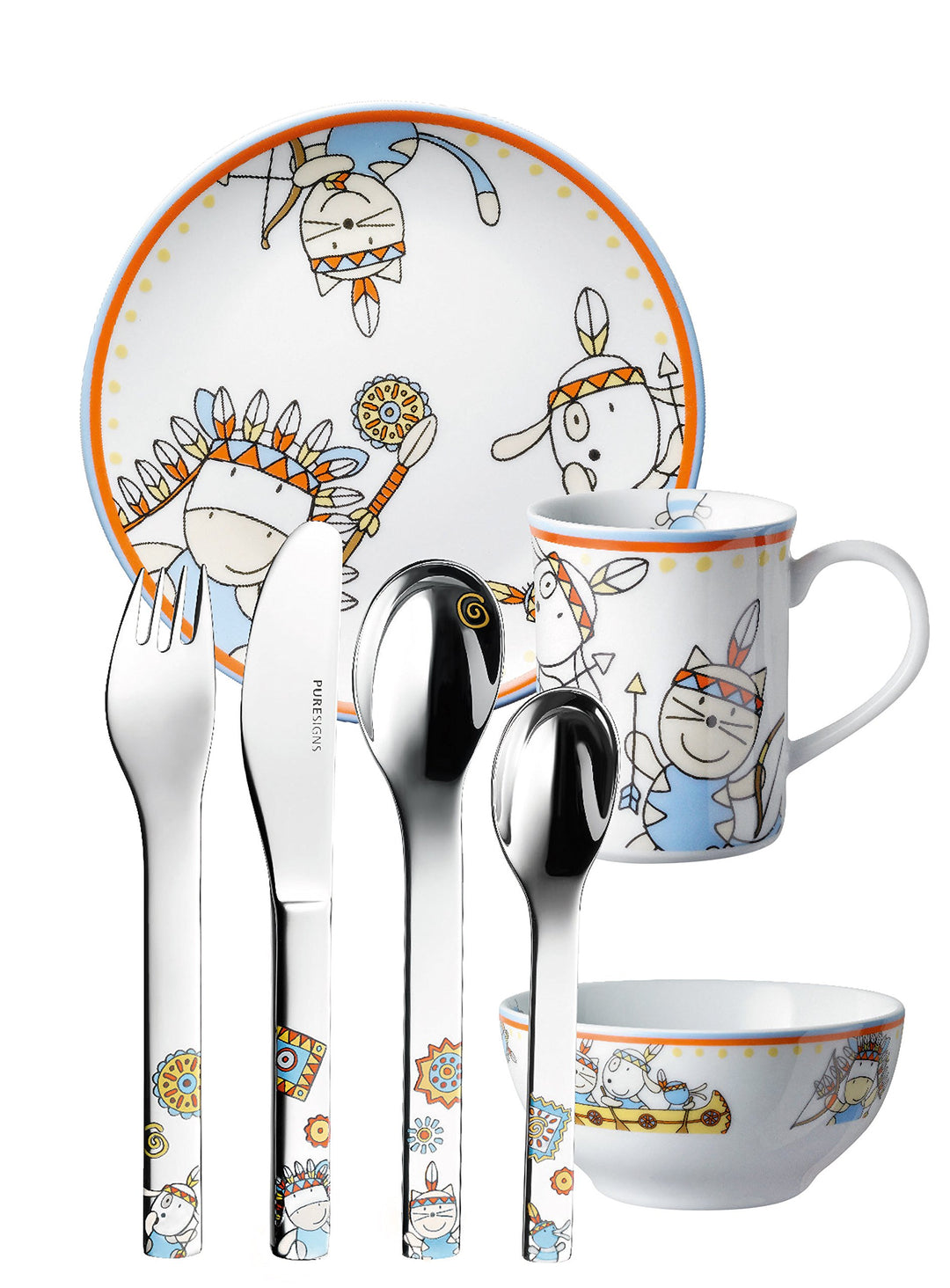 Puresigns MOEMA Kindergeschirr Set 7-teilig – Farbenfrohes Design im Wilden Westen Thema mit Häuptli