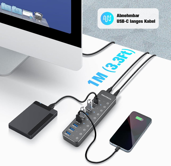 RSHTECH USB Hub 3.2 Aktiv mit Netzteil - Mit 3 10Gbps USB 3.2 und 7 5Gbps USB 3.0 - Insgesamt 10 Por