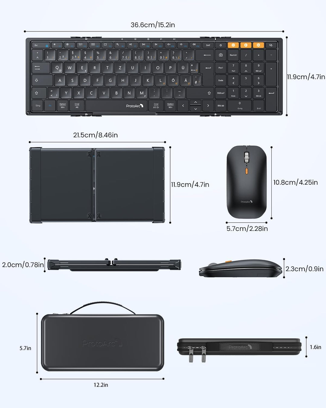 ProtoArc XKM01 Faltbare Tastatur und Maus | Full-Size Bluetooth Tastatur Klappbar mit Ziffernblock |