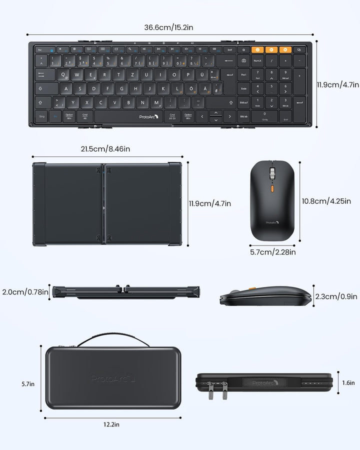ProtoArc XKM01 Faltbare Tastatur und Maus | Full-Size Bluetooth Tastatur Klappbar mit Ziffernblock |