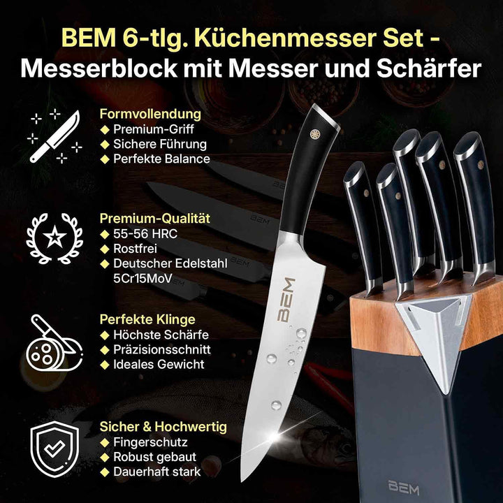 BEM 6-tlg. Küchenmesser Set aus Edelstahl Messerset mit Messerblock inkl. Chefkochmesser, Aufschnitt