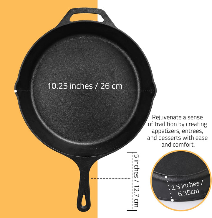 KICHLY Vorgewürzte gusseiserne Pfanne - 10,25 Zoll (26 cm) gusseiserne runde Bratpfanne für Herd und