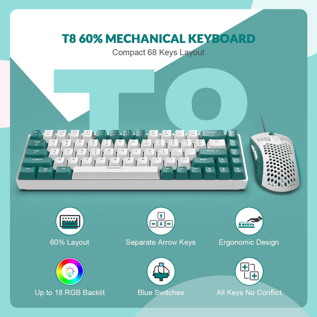 YINDIAO T8 60% RGB Gaming Tastatur und Maus Set + Gewendeltes USB-C Kabel,Kabelgebundene Mechanische