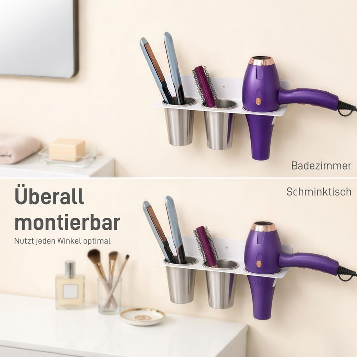 Föhn Halterung, 3 in 1 Fönhalter Ohne Bohren, Edelstahl Fönhalter Glätteisen Halterung für Föhn, Glä