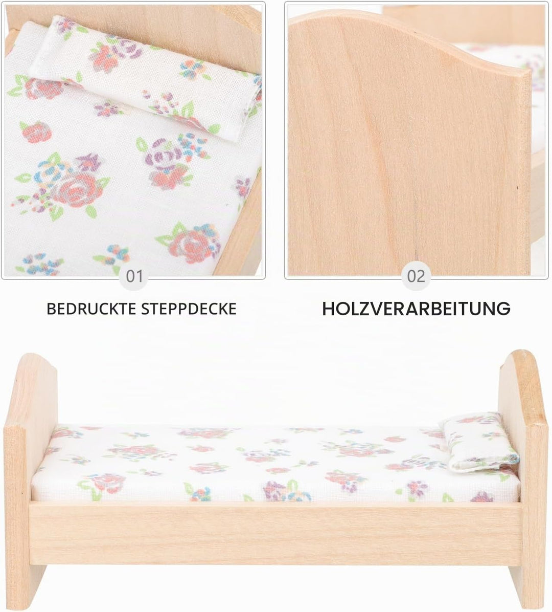 Abaodam Mini Hausmöbel Puppenbett Holz 1:12 Miniaturbett Mit Baumwollbettwäsche Und Kissen Spielzeug