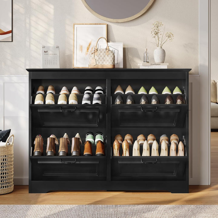 Schuhschrank Schwarz Schuhkipper mit 4 Klappen, Schuhkommode Schuhregal mit Trennwände verstellbar u