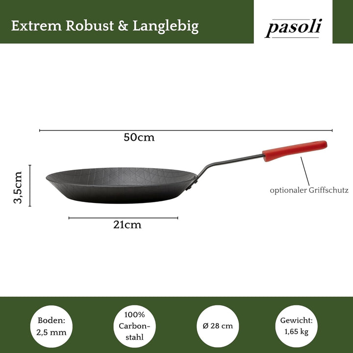 pasoli Steak-Pfanne aus Carbonstahl, voreingebrannt (mit Griffschutz) Steak-Pfanne mit Griffschutz,