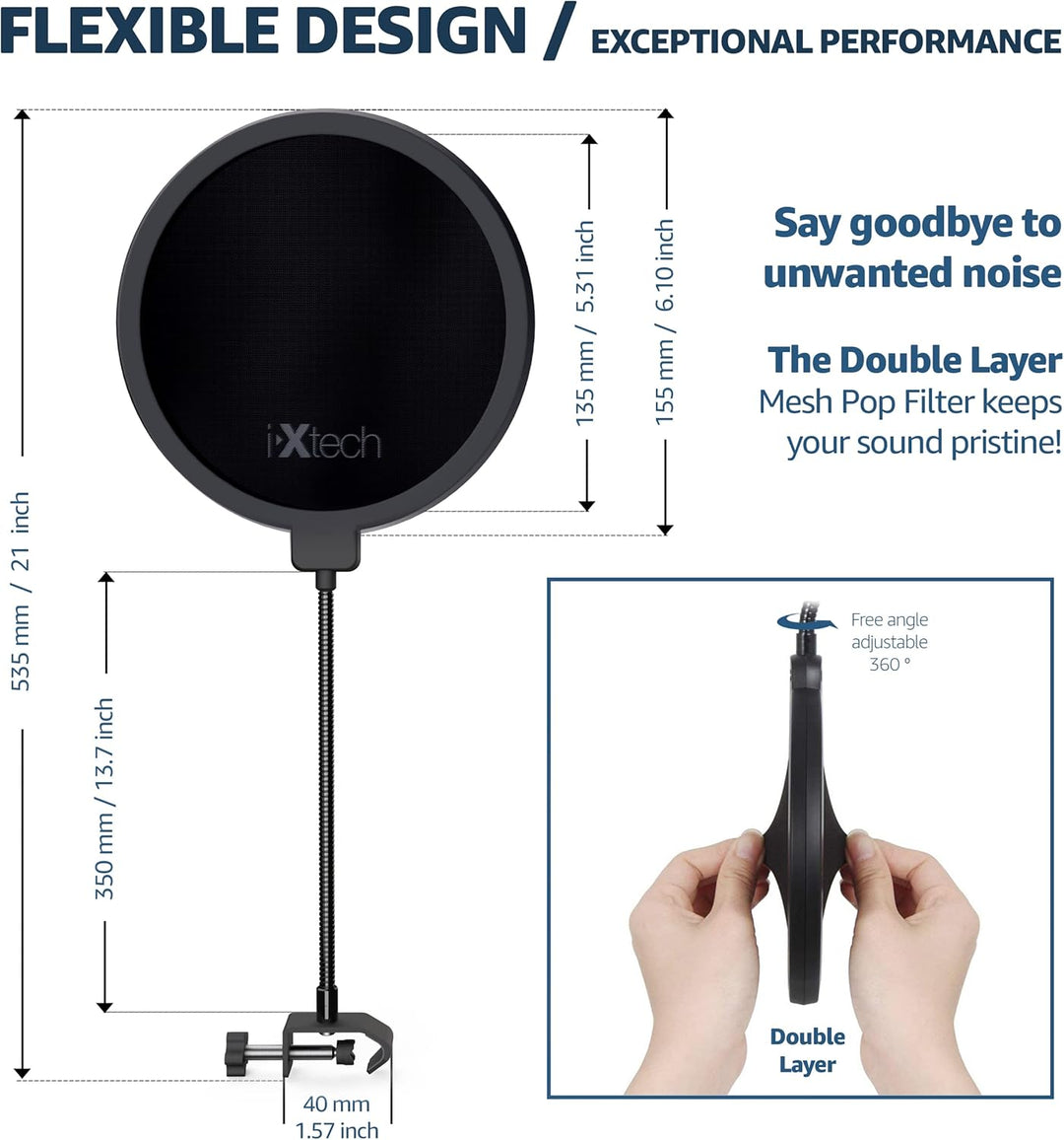 IXTECH Popfilter für Blue Yeti-Mikrofon, doppelschichtiger Schallschutz, Schildwächter, Windschutz m
