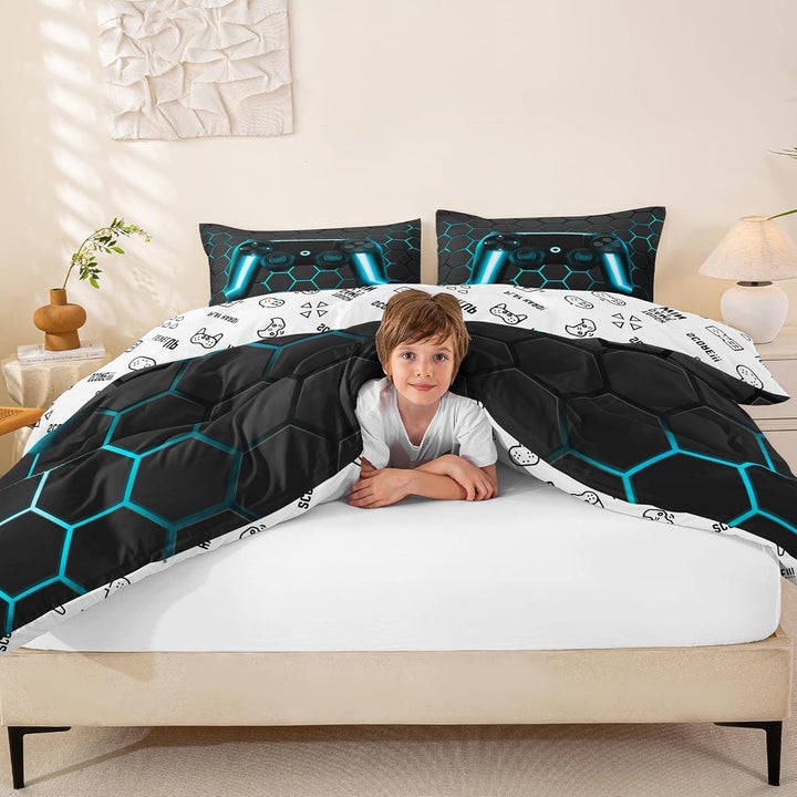 Gamer Bettwäsche Sets für Jungen,Gaming Bettbezug Set 220x240,Kinder Videospiele Trösterbezug,Geomet