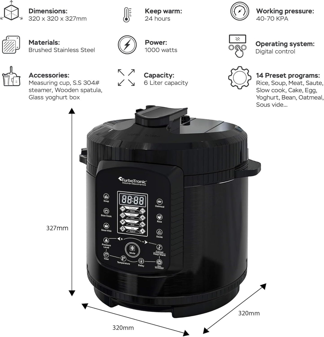 TurboTronic Druckkochtopf 6L mit 2x Topf Edelstahltopf und beschichtet, Dampfgarer, Multikocher, ele