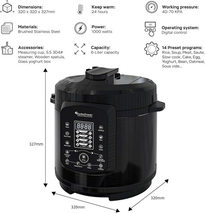 TurboTronic Druckkochtopf 6L mit 2x Topf Edelstahltopf und beschichtet, Dampfgarer, Multikocher, ele