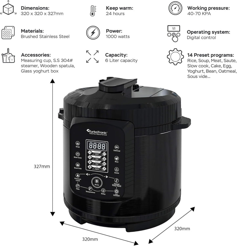 TurboTronic Druckkochtopf 6L mit 2x Topf Edelstahltopf und beschichtet, Dampfgarer, Multikocher, ele