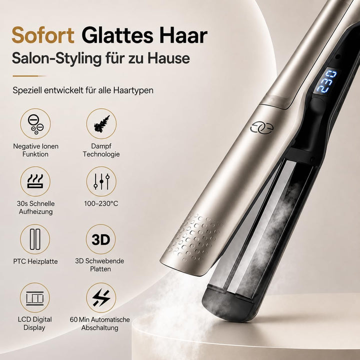 Glätteisen Locken Lockenstab und Glätteisen 2-in-1, Professionelles Haarglätter Dampf & 42mm Breite
