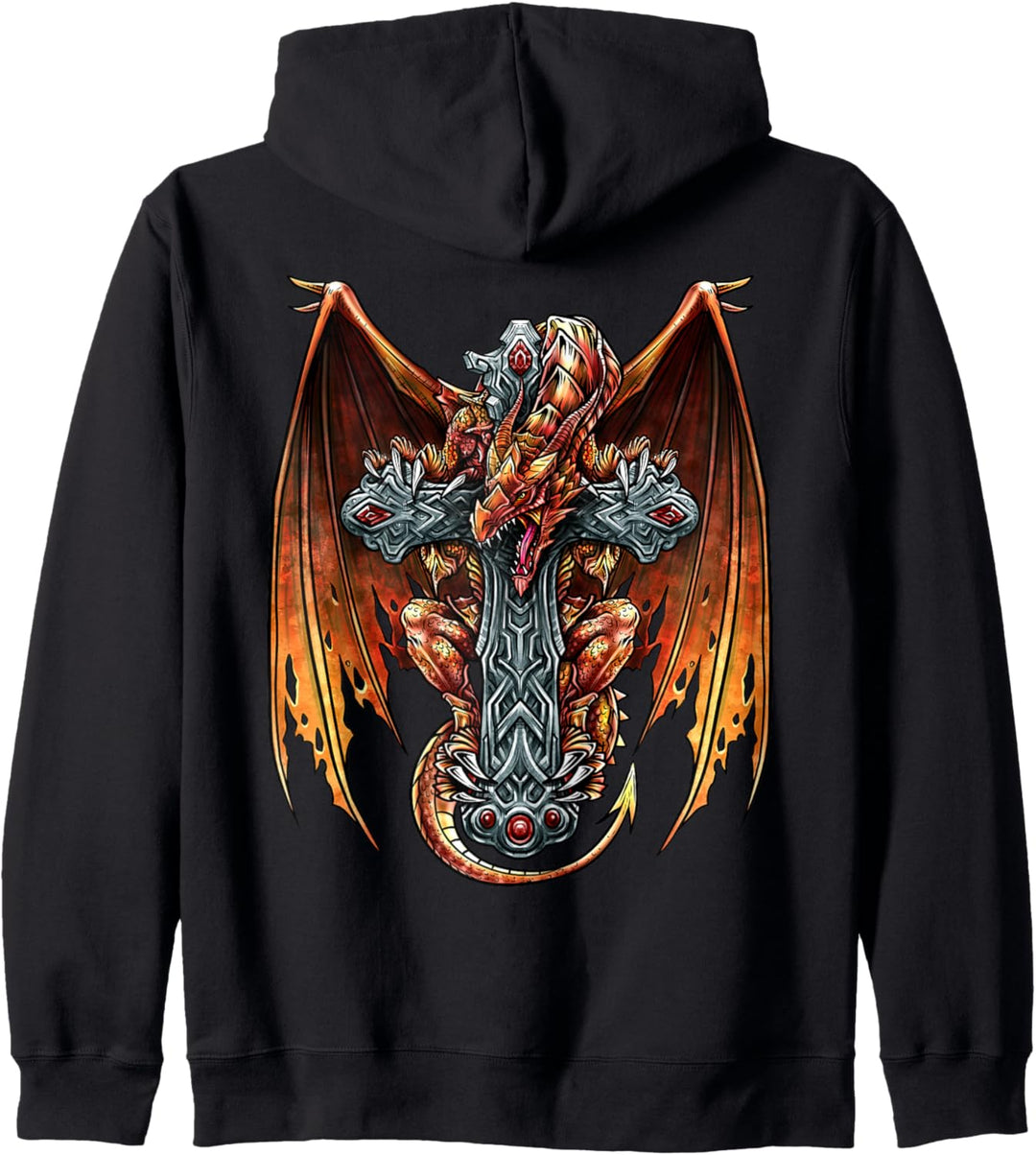 Detaillierter Drache und Kreuz, Edgy Dragon Believer, coole Fantasie Kapuzenjacke