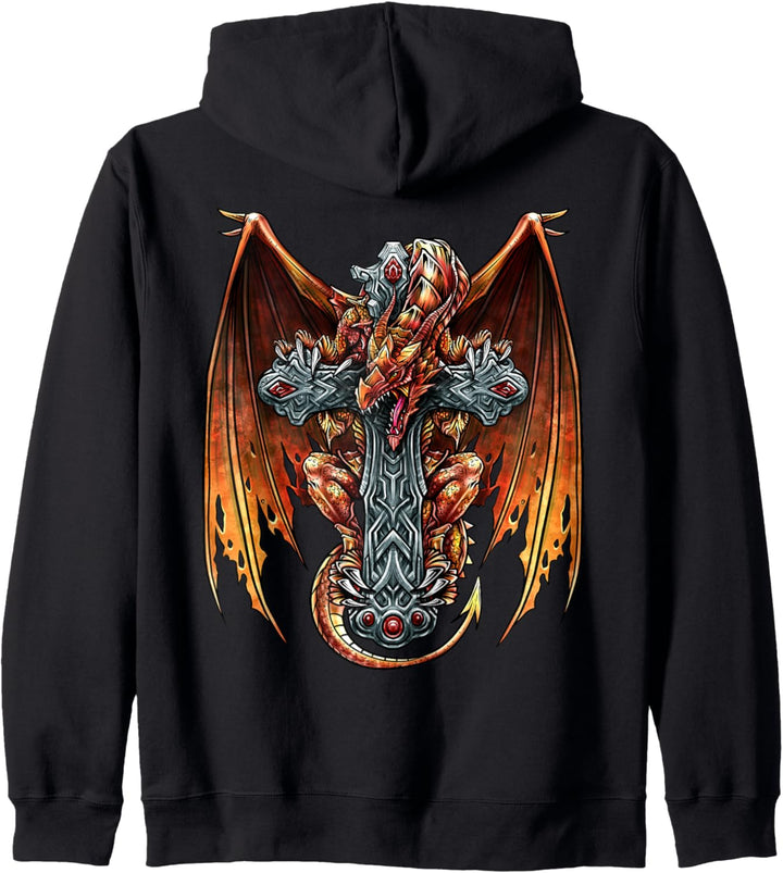 Detaillierter Drache und Kreuz, Edgy Dragon Believer, coole Fantasie Kapuzenjacke