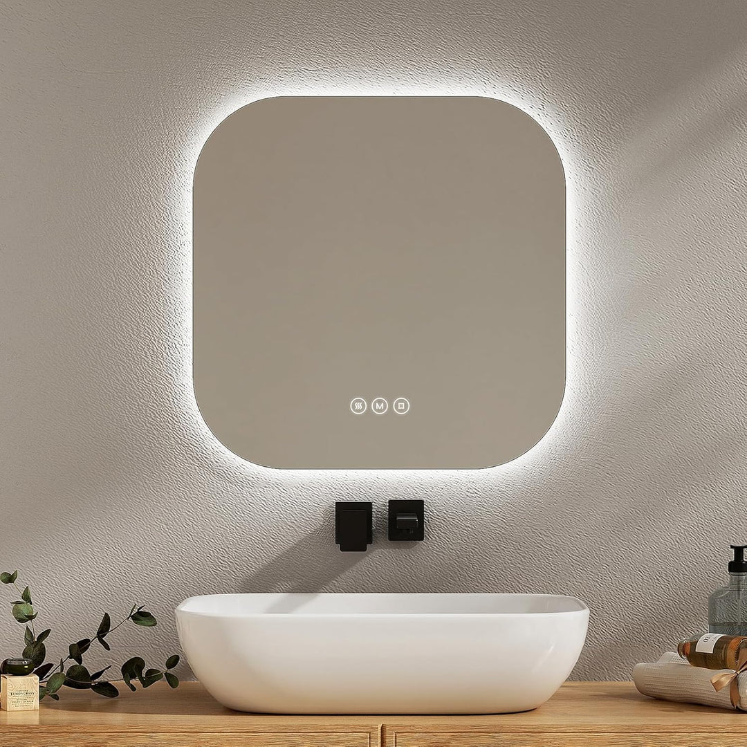 EMKE Badspiegel mit Beleuchtung 50x50cm mit 3 Lichtfarbe Dimmbar, Antibeschlag, Touchschalter, Speic