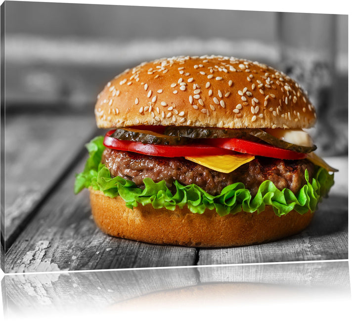 appetitlicher Cheeseburger schwarz/weiss Format: 100x70 auf Leinwand, XXL riesige Bilder fertig gera