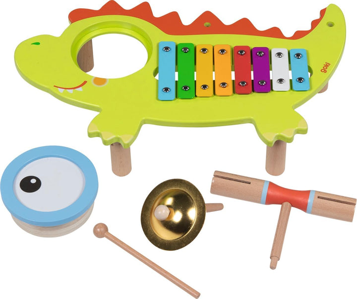 goki 61854 - Musikstation Krokodil aus Holz und Metall, Bunte Instrumente wie Xylophone und Becken,