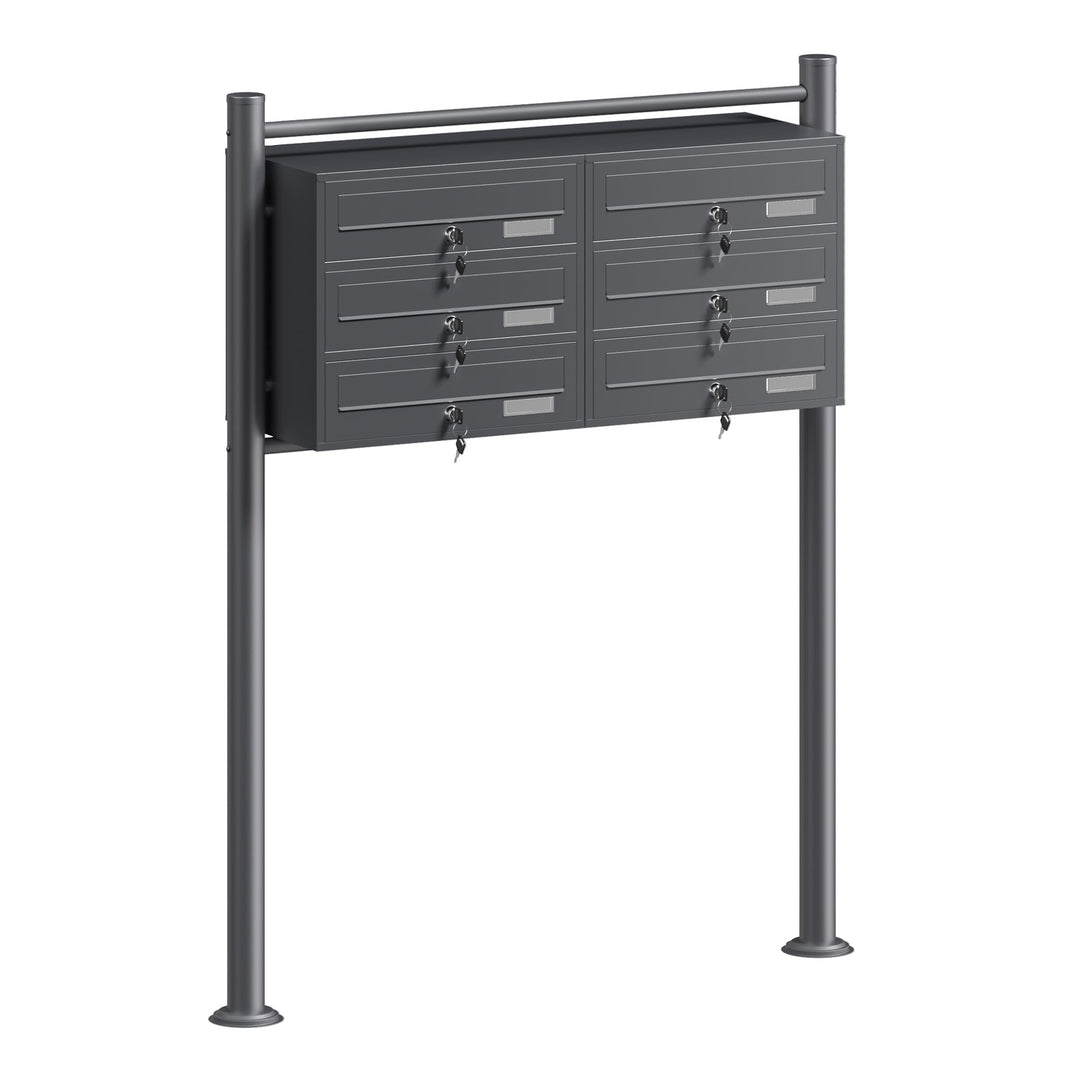 Wiltec 6er Briefkastenanlage Anthrazit 898 x 270 x 1150 mm, Standbriefkasten mit 2x3 Fächern, Schlüs