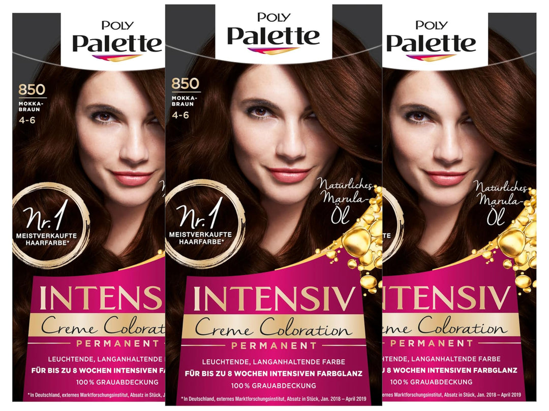 SCHWARZKOPF POLY PALETTE Intensiv Creme Coloration, Haarfarbe 850/4-6 Mokkabraun, 3er Pack (3 x 128