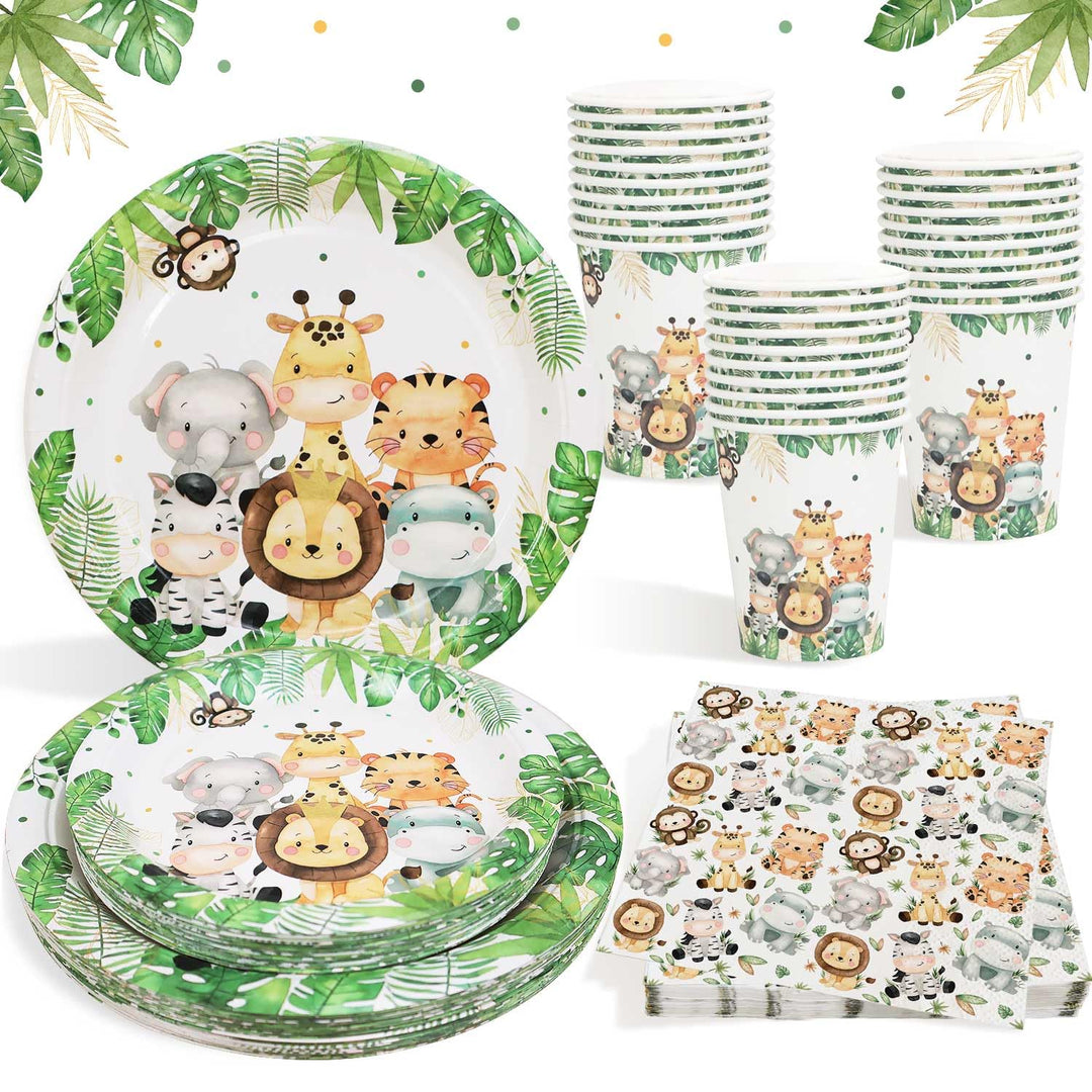 100pcs Dschungel Safari Partygeschirr Set für 25 Gäste, wiederverwendbare Pappteller Tassen Serviett