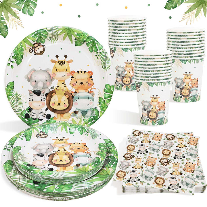 100pcs Dschungel Safari Partygeschirr Set für 25 Gäste, wiederverwendbare Pappteller Tassen Serviett