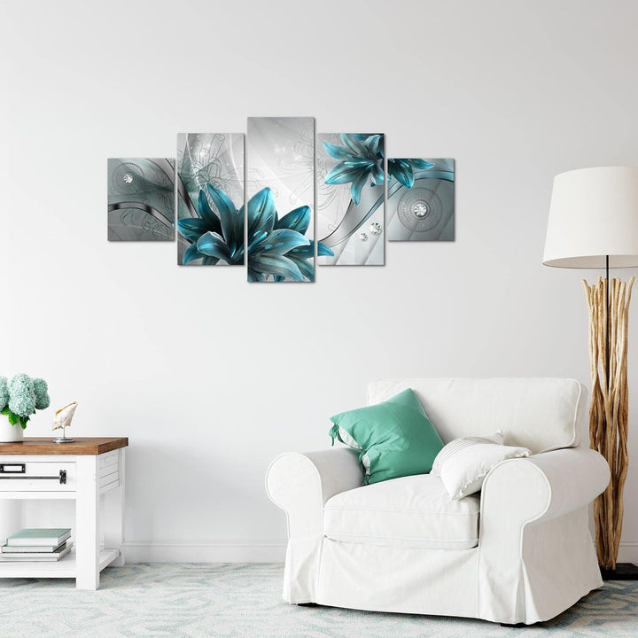 Runa Art Wandbilder Blumen Lilien 5 Teilig Bild auf Vlies Leinwand Deko Wohnzimmer Abstrakt Grau Bla