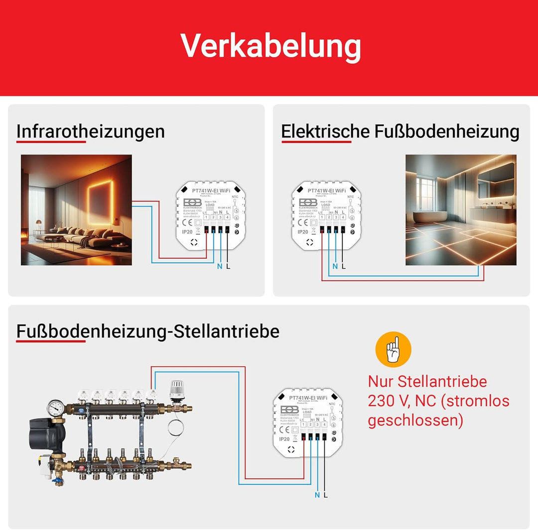 Elektrobock PT741W-EI Raumthermostat mit WiFi | Smartes Thermostat für Fussbodenheizung & Elektrohei