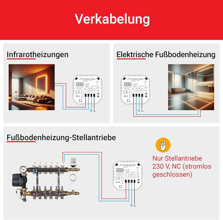 Elektrobock PT741W-EI Raumthermostat mit WiFi | Smartes Thermostat für Fussbodenheizung & Elektrohei