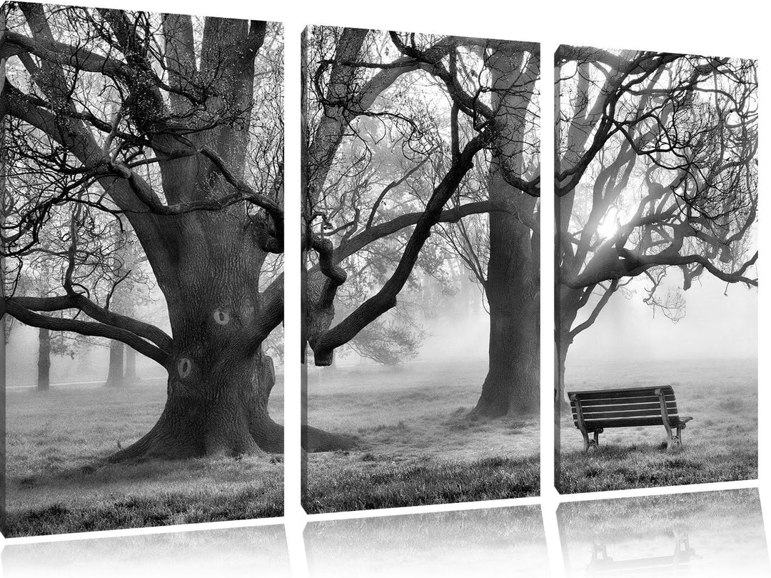 Pixxprint Monocrome, Baum und Bank im Nebel 3-Teiler Leinwandbild 120x80 Bild auf Leinwand