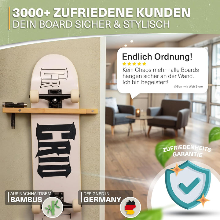 CRID Skateboard Wandhalterung aus Bambus - Universal Halterung für Skateboard, Longboard, Snowboard,
